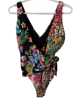 Johnny Was Floral & Leopard Wrap One-Piece Swimsuit Size 2X